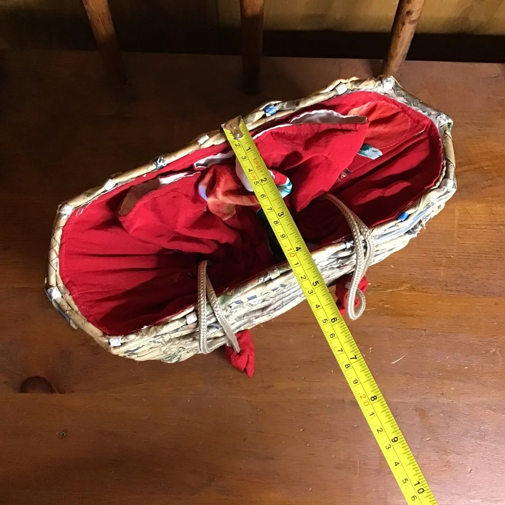 Rolled Newspaper Craft Beige and Red Woven Basket with Fabric Liner Purse Bag